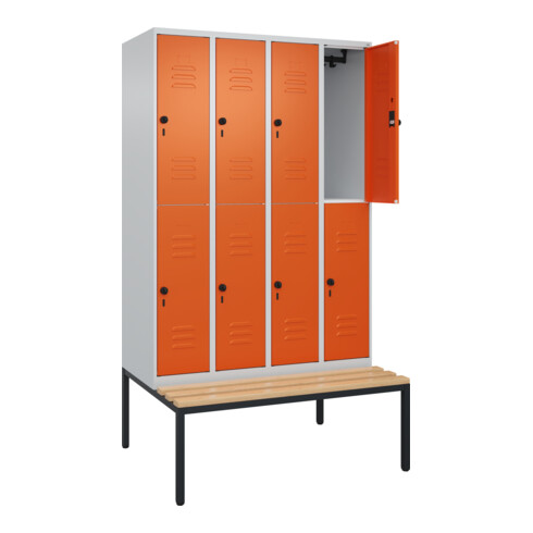 C+P Doppelstock-Spind Classic PLUS, Bank, 4 Abteile, 2120x1200x815mm, 7035/2004 Verschluss Sicherheits-Drehriegel Sitzbanktyp untergebaut Material Sitzfläche Buche-Hartholz