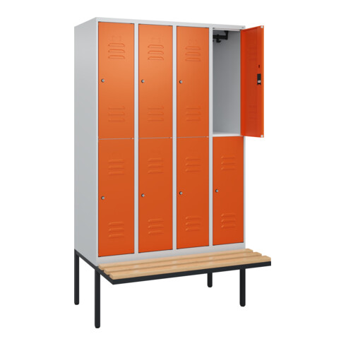 C+P Doppelstock-Spind Classic PLUS, Bank, 4 Abteile, 2120x1200x815mm, 7035/2004 Verschluss Zylinderschloss Sitzbanktyp auskragend Material Sitzfläche Buche-Hartholz