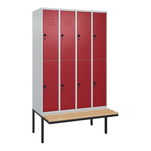 C+P Doppelstock-Spind Classic PLUS, Bank, 4 Abteile, 2120x1200x815mm, 7035/3003 Verschluss Sicherheits-Drehriegel Sitzbanktyp auskragend Material Sitzfläche Buche-Hartholz