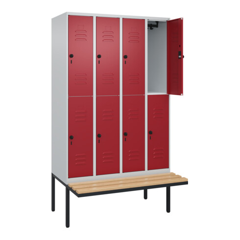 C+P Doppelstock-Spind Classic PLUS, Bank, 4 Abteile, 2120x1200x815mm, 7035/3003 Verschluss Sicherheits-Drehriegel Sitzbanktyp auskragend Material Sitzfläche Buche-Hartholz