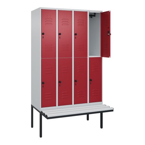 C+P Doppelstock-Spind Classic PLUS, Bank, 4 Abteile, 2120x1200x815mm, 7035/3003 Verschluss Sicherheits-Drehriegel Sitzbanktyp auskragend Material Sitzfläche Kunststoff