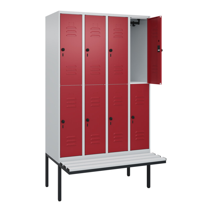 C+P Doppelstock-Spind Classic PLUS, Bank, 4 Abteile, 2120x1200x815mm, 7035/3003 Verschluss Sicherheits-Drehriegel Sitzbanktyp auskragend Material Sitzfläche Kunststoff