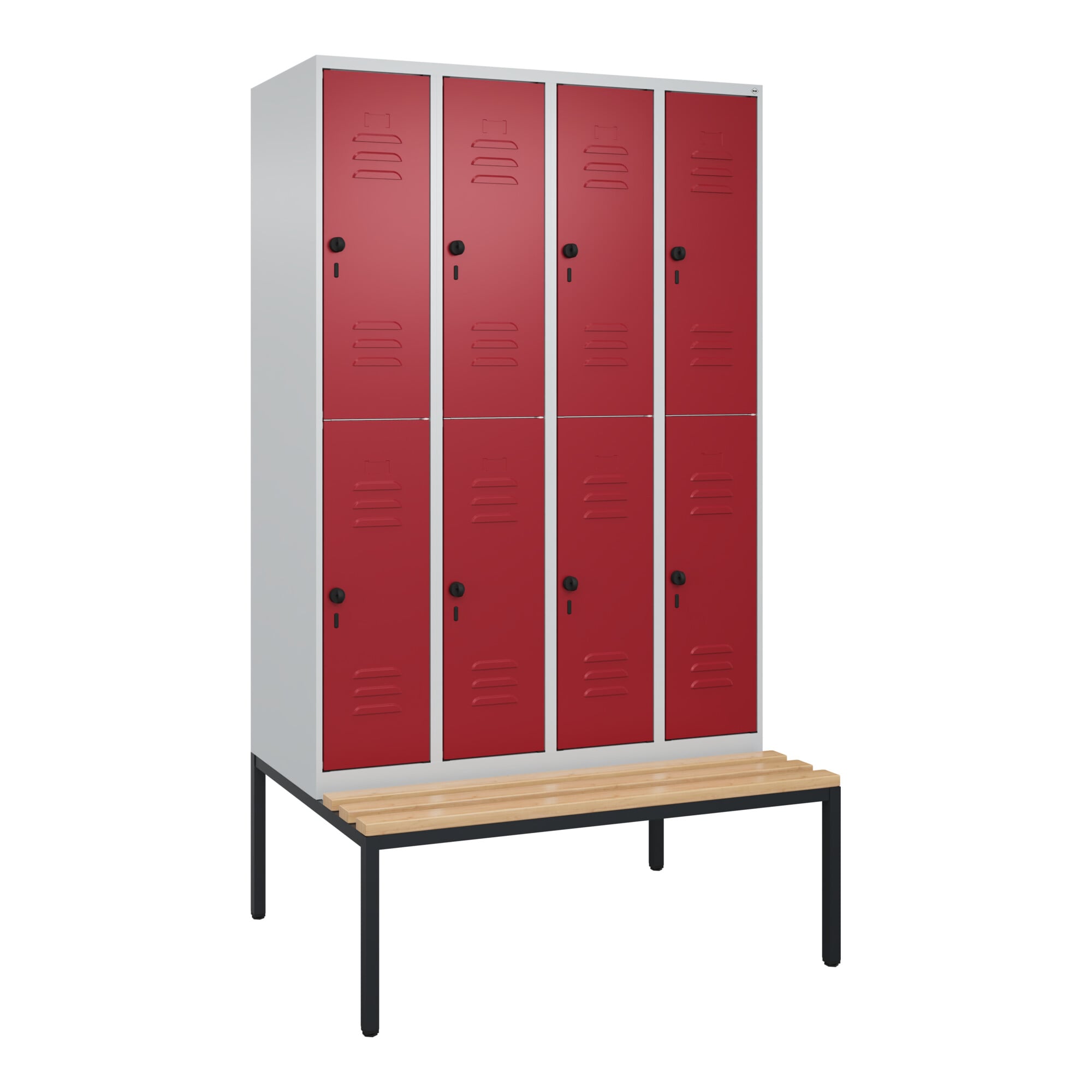 C+P Doppelstock-Spind Classic PLUS, Bank, 4 Abteile, 2120x1200x815mm, 7035/3003 Verschluss Sicherheits-Drehriegel Sitzbanktyp untergebaut Material Sit