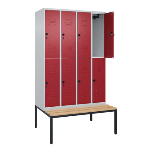 C+P Doppelstock-Spind Classic PLUS, Bank, 4 Abteile, 2120x1200x815mm, 7035/3003 Verschluss Sicherheits-Drehriegel Sitzbanktyp untergebaut Material Sitzfläche Buche-Hartholz