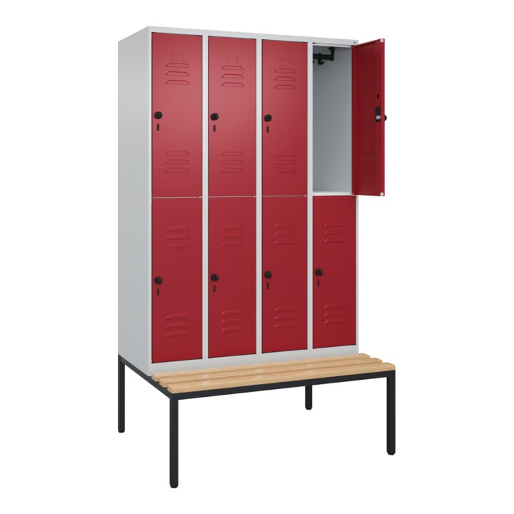 C+P Doppelstock-Spind Classic PLUS, Bank, 4 Abteile, 2120x1200x815mm, 7035/3003 Verschluss Sicherheits-Drehriegel Sitzbanktyp untergebaut Material Sitzfläche Buche-Hartholz