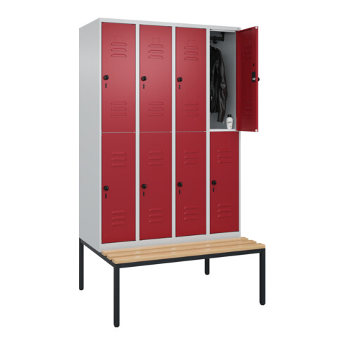 C+P Doppelstock-Spind Classic PLUS, Bank, 4 Abteile, 2120x1200x815mm, 7035/3003 Verschluss Sicherheits-Drehriegel Sitzbanktyp untergebaut Material Sitzfläche Buche-Hartholz