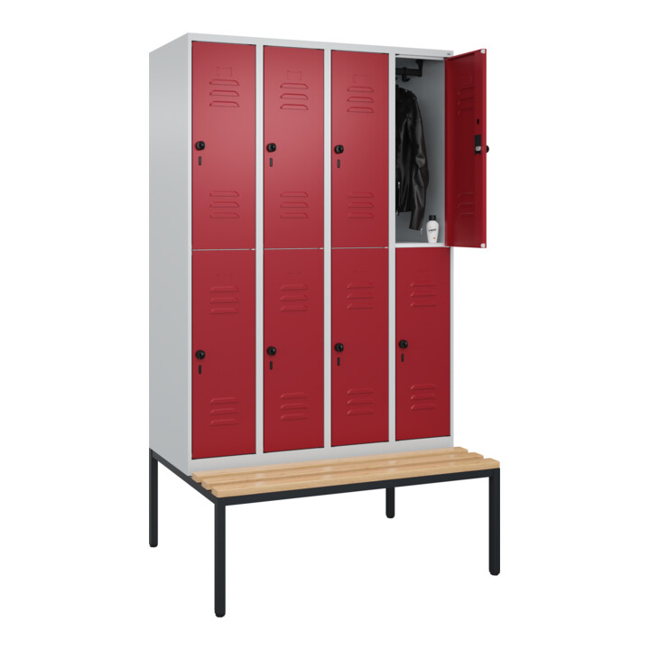 C+P Doppelstock-Spind Classic PLUS, Bank, 4 Abteile, 2120x1200x815mm, 7035/3003 Verschluss Sicherheits-Drehriegel Sitzbanktyp untergebaut Material Sitzfläche Buche-Hartholz