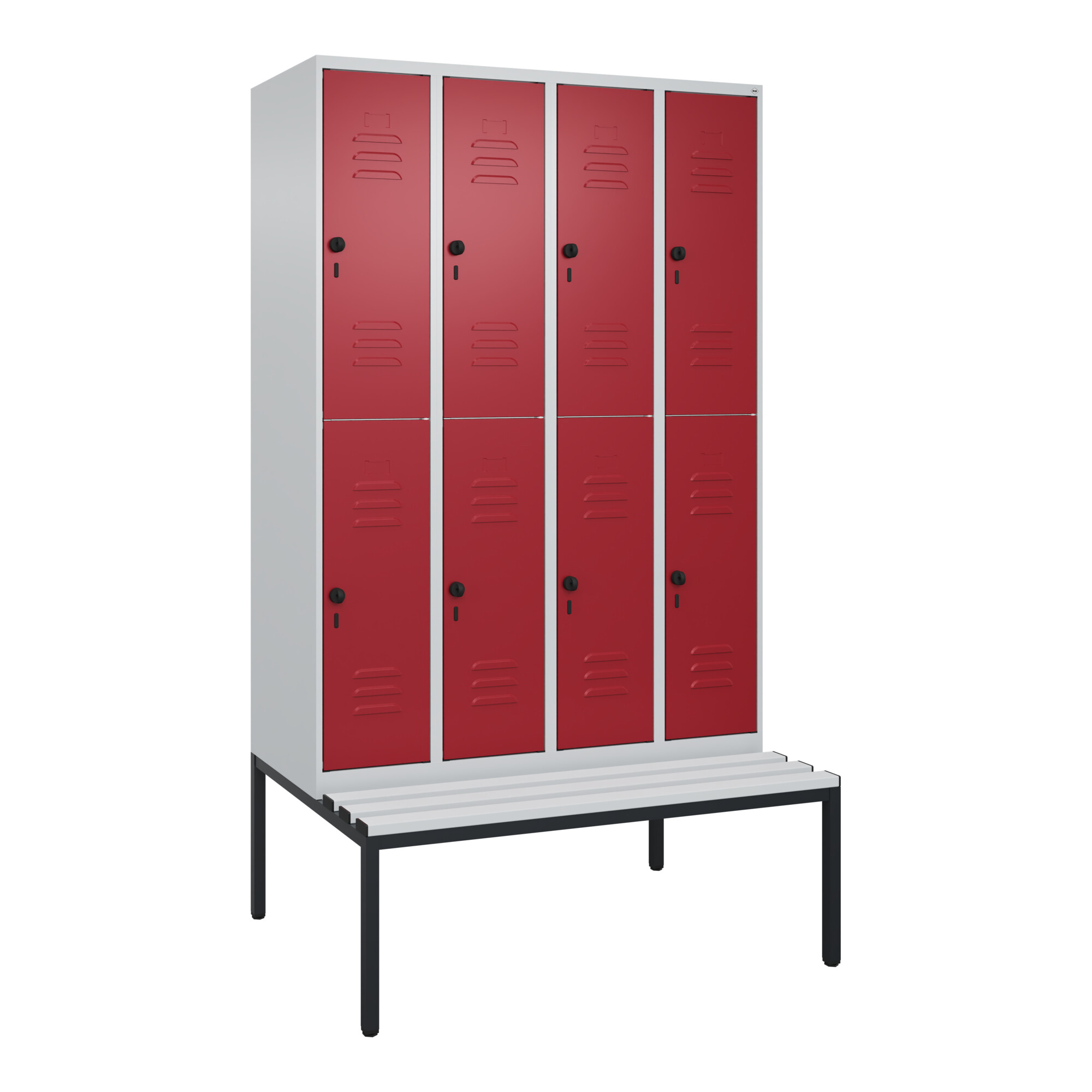 C+P Doppelstock-Spind Classic PLUS, Bank, 4 Abteile, 2120x1200x815mm, 7035/3003 Verschluss Sicherheits-Drehriegel Sitzbanktyp untergebaut Material Sit