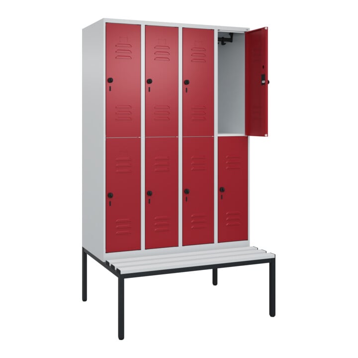 C+P Doppelstock-Spind Classic PLUS, Bank, 4 Abteile, 2120x1200x815mm, 7035/3003 Verschluss Sicherheits-Drehriegel Sitzbanktyp untergebaut Material Sitzfläche Kunststoff