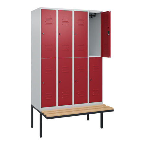 C+P Doppelstock-Spind Classic PLUS, Bank, 4 Abteile, 2120x1200x815mm, 7035/3003 Verschluss Zylinderschloss Sitzbanktyp auskragend Material Sitzfläche Buche-Hartholz