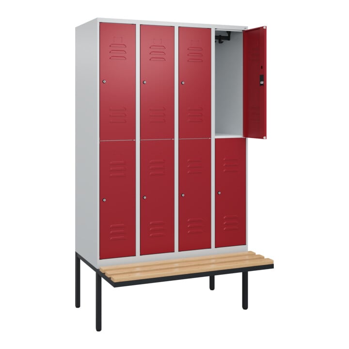 C+P Doppelstock-Spind Classic PLUS, Bank, 4 Abteile, 2120x1200x815mm, 7035/3003 Verschluss Zylinderschloss Sitzbanktyp auskragend Material Sitzfläche Buche-Hartholz