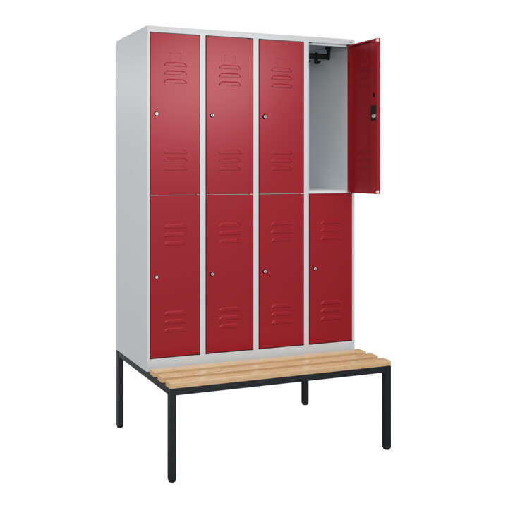 C+P Doppelstock-Spind Classic PLUS, Bank, 4 Abteile, 2120x1200x815mm, 7035/3003 Verschluss Zylinderschloss Sitzbanktyp untergebaut Material Sitzfläche Buche-Hartholz