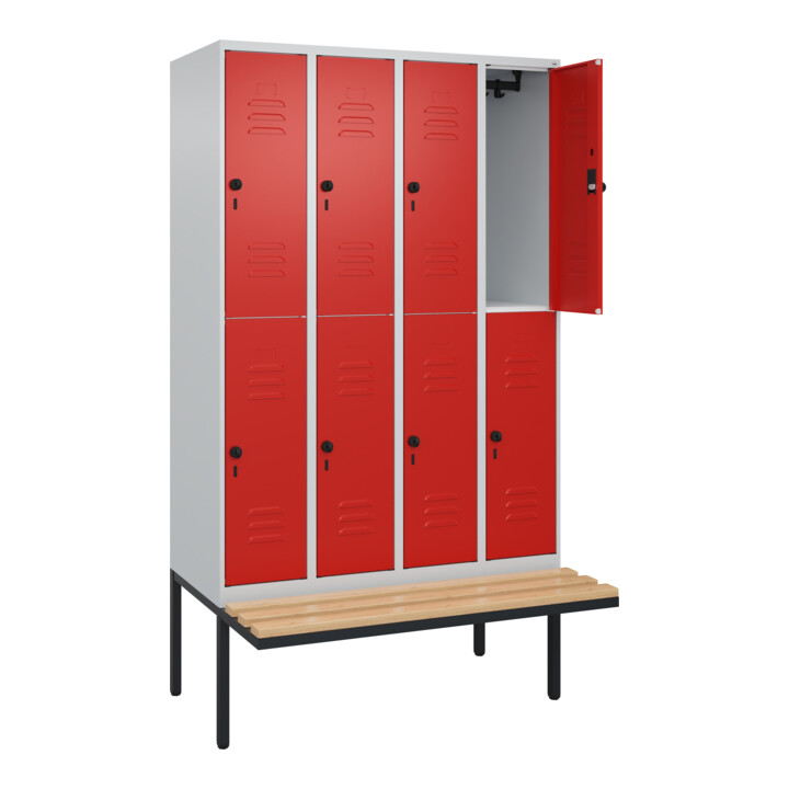 C+P Doppelstock-Spind Classic PLUS, Bank, 4 Abteile, 2120x1200x815mm, 7035/3020 Verschluss Sicherheits-Drehriegel Sitzbanktyp auskragend Material Sitzfläche Buche-Hartholz