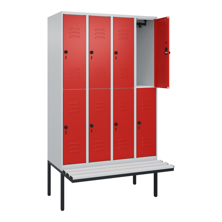 C+P Doppelstock-Spind Classic PLUS, Bank, 4 Abteile, 2120x1200x815mm, 7035/3020 Verschluss Sicherheits-Drehriegel Sitzbanktyp auskragend Material Sitzfläche Kunststoff