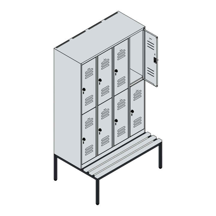 C+P Doppelstock-Spind Classic PLUS, Bank, 4 Abteile, 2120x1200x815mm, 7035/3020 Verschluss Sicherheits-Drehriegel Sitzbanktyp untergebaut Material Sitzfläche Buche-Hartholz