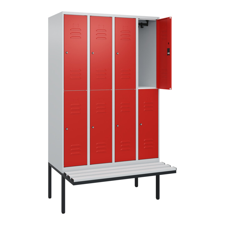 C+P Doppelstock-Spind Classic PLUS, Bank, 4 Abteile, 2120x1200x815mm, 7035/3020 Verschluss Zylinderschloss Sitzbanktyp auskragend Material Sitzfläche Kunststoff