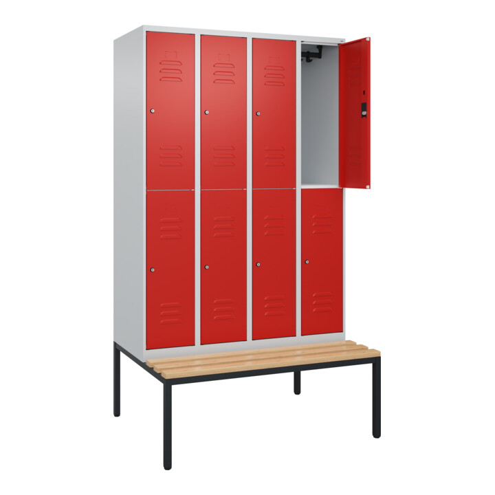 C+P Doppelstock-Spind Classic PLUS, Bank, 4 Abteile, 2120x1200x815mm, 7035/3020 Verschluss Zylinderschloss Sitzbanktyp untergebaut Material Sitzfläche Buche-Hartholz