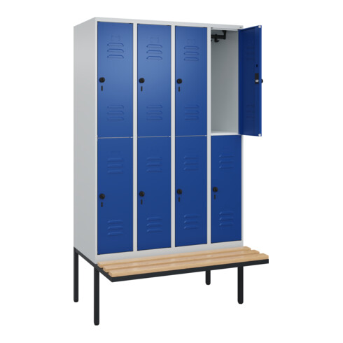 C+P Doppelstock-Spind Classic PLUS, Bank, 4 Abteile, 2120x1200x815mm, 7035/5010 Verschluss Sicherheits-Drehriegel Sitzbanktyp auskragend Material Sitzfläche Buche-Hartholz