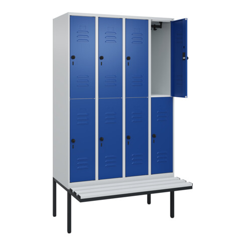 C+P Doppelstock-Spind Classic PLUS, Bank, 4 Abteile, 2120x1200x815mm, 7035/5010 Verschluss Sicherheits-Drehriegel Sitzbanktyp auskragend Material Sitzfläche Kunststoff