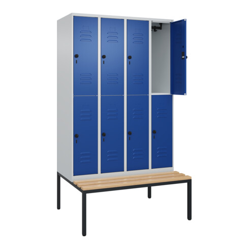 C+P Doppelstock-Spind Classic PLUS, Bank, 4 Abteile, 2120x1200x815mm, 7035/5010 Verschluss Sicherheits-Drehriegel Sitzbanktyp untergebaut Material Sitzfläche Buche-Hartholz