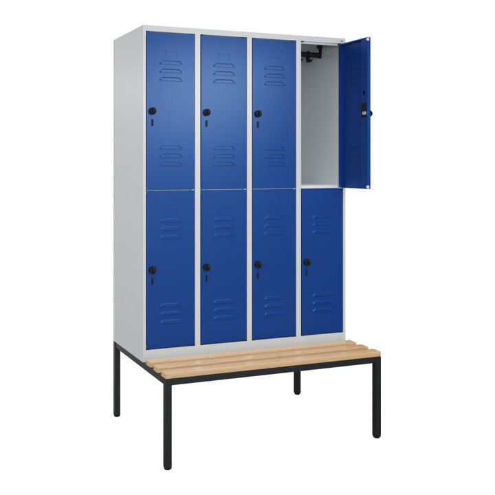 C+P Doppelstock-Spind Classic PLUS, Bank, 4 Abteile, 2120x1200x815mm, 7035/5010 Verschluss Sicherheits-Drehriegel Sitzbanktyp untergebaut Material Sitzfläche Buche-Hartholz