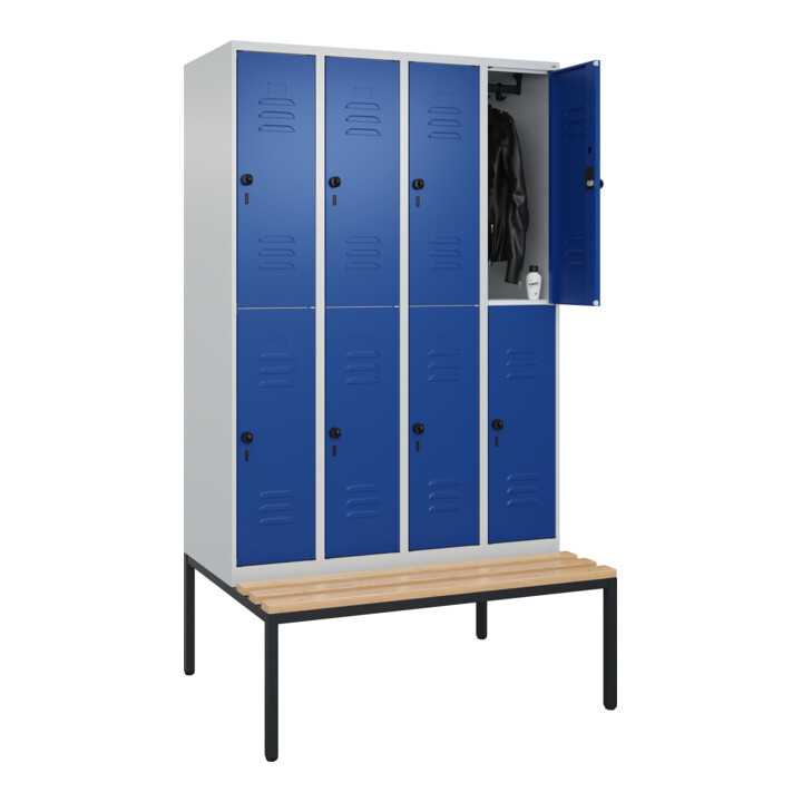C+P Doppelstock-Spind Classic PLUS, Bank, 4 Abteile, 2120x1200x815mm, 7035/5010 Verschluss Sicherheits-Drehriegel Sitzbanktyp untergebaut Material Sitzfläche Buche-Hartholz