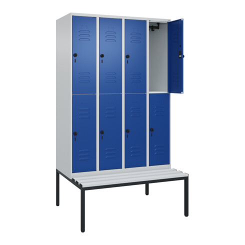 C+P Doppelstock-Spind Classic PLUS, Bank, 4 Abteile, 2120x1200x815mm, 7035/5010 Verschluss Sicherheits-Drehriegel Sitzbanktyp untergebaut Material Sitzfläche Kunststoff