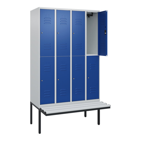 C+P Doppelstock-Spind Classic PLUS, Bank, 4 Abteile, 2120x1200x815mm, 7035/5010 Verschluss Zylinderschloss Sitzbanktyp auskragend Material Sitzfläche Kunststoff