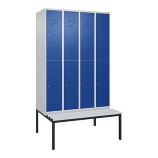 C+P Doppelstock-Spind Classic PLUS, Bank, 4 Abteile, 2120x1200x815mm, 7035/5010 Verschluss Zylinderschloss Sitzbanktyp untergebaut Material Sitzfläche Kunststoff