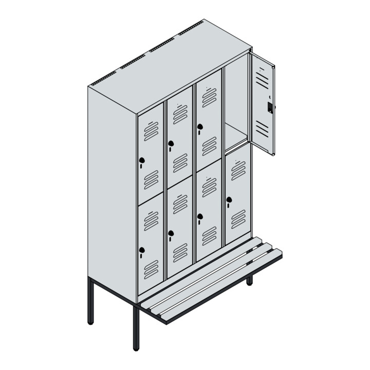 C+P Doppelstock-Spind Classic PLUS, Bank, 4 Abteile, 2120x1200x815mm, 7035/5012 Verschluss Sicherheits-Drehriegel Sitzbanktyp auskragend Material Sitzfläche Buche-Hartholz