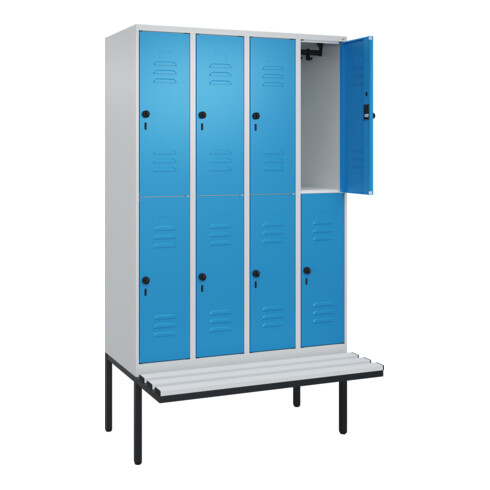 C+P Doppelstock-Spind Classic PLUS, Bank, 4 Abteile, 2120x1200x815mm, 7035/5012 Verschluss Sicherheits-Drehriegel Sitzbanktyp auskragend Material Sitzfläche Kunststoff