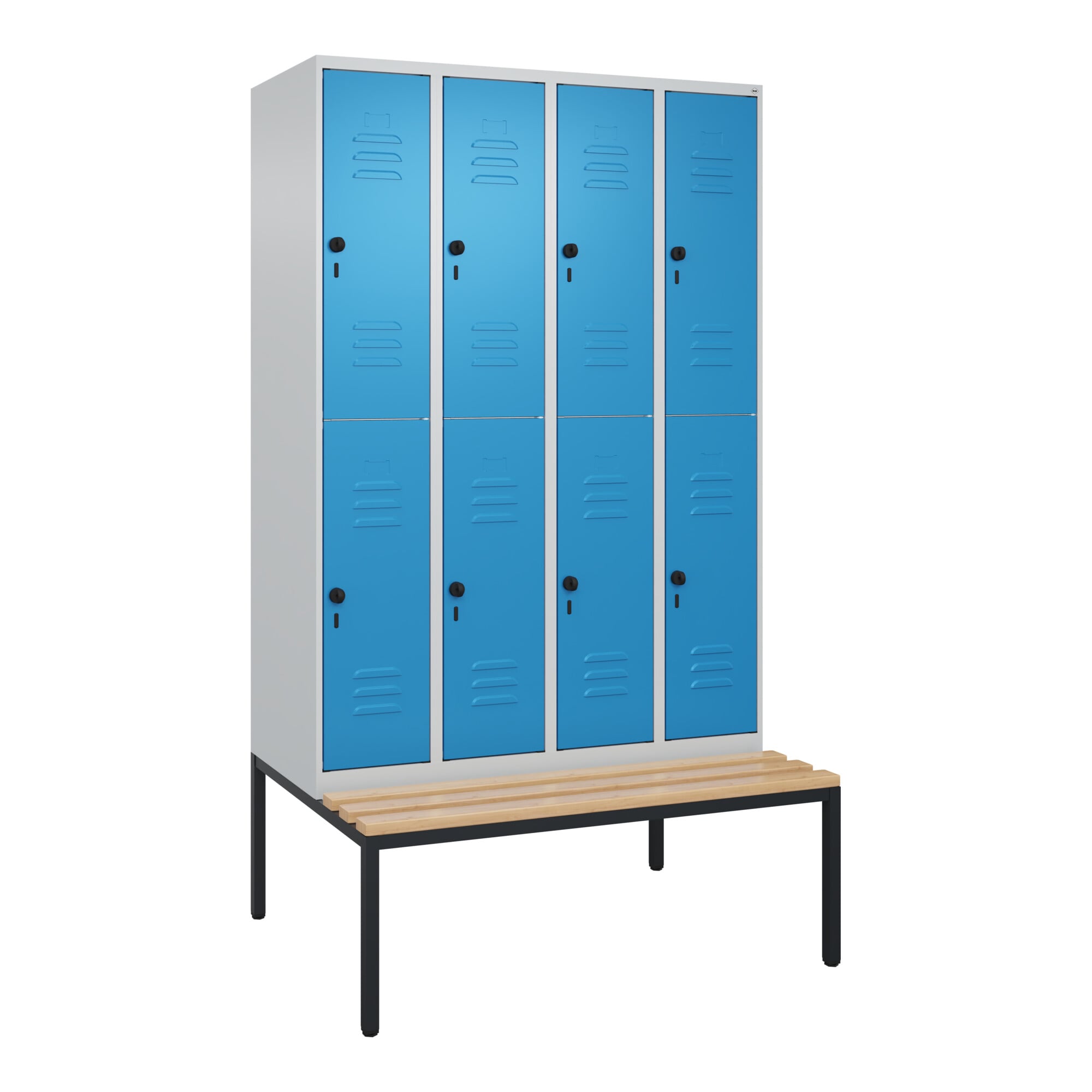 C+P Doppelstock-Spind Classic PLUS, Bank, 4 Abteile, 2120x1200x815mm, 7035/5012 Verschluss Sicherheits-Drehriegel Sitzbanktyp untergebaut Material Sit