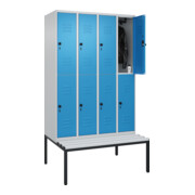 C+P Doppelstock-Spind Classic PLUS, Bank, 4 Abteile, 2120x1200x815mm, 7035/5012 Verschluss Sicherheits-Drehriegel Sitzbanktyp untergebaut Material Sitzfläche Kunststoff