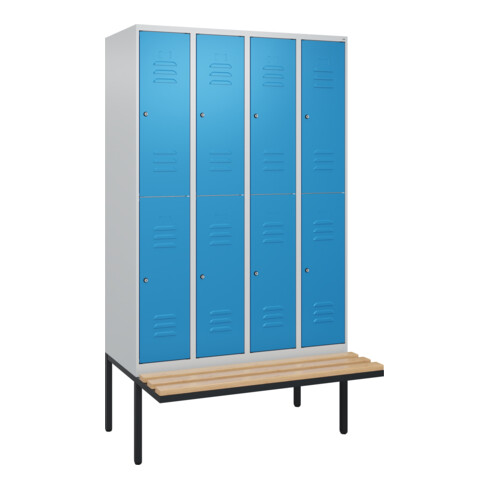 C+P Doppelstock-Spind Classic PLUS, Bank, 4 Abteile, 2120x1200x815mm, 7035/5012 Verschluss Zylinderschloss Sitzbanktyp auskragend Material Sitzfläche Buche-Hartholz