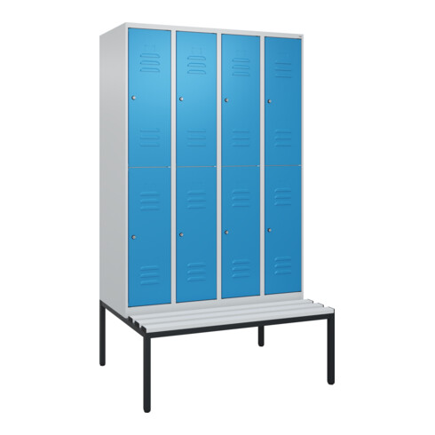 C+P Doppelstock-Spind Classic PLUS, Bank, 4 Abteile, 2120x1200x815mm, 7035/5012 Verschluss Zylinderschloss Sitzbanktyp untergebaut Material Sitzfläche Kunststoff