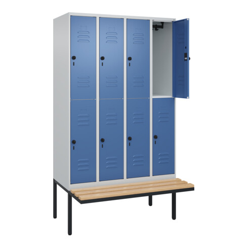C+P Doppelstock-Spind Classic PLUS, Bank, 4 Abteile, 2120x1200x815mm, 7035/5023 Verschluss Sicherheits-Drehriegel Sitzbanktyp auskragend Material Sitzfläche Buche-Hartholz