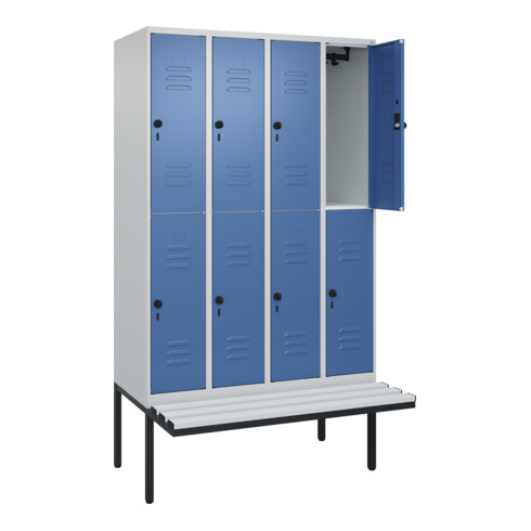 C+P Doppelstock-Spind Classic PLUS, Bank, 4 Abteile, 2120x1200x815mm, 7035/5023 Verschluss Sicherheits-Drehriegel Sitzbanktyp auskragend Material Sitzfläche Kunststoff