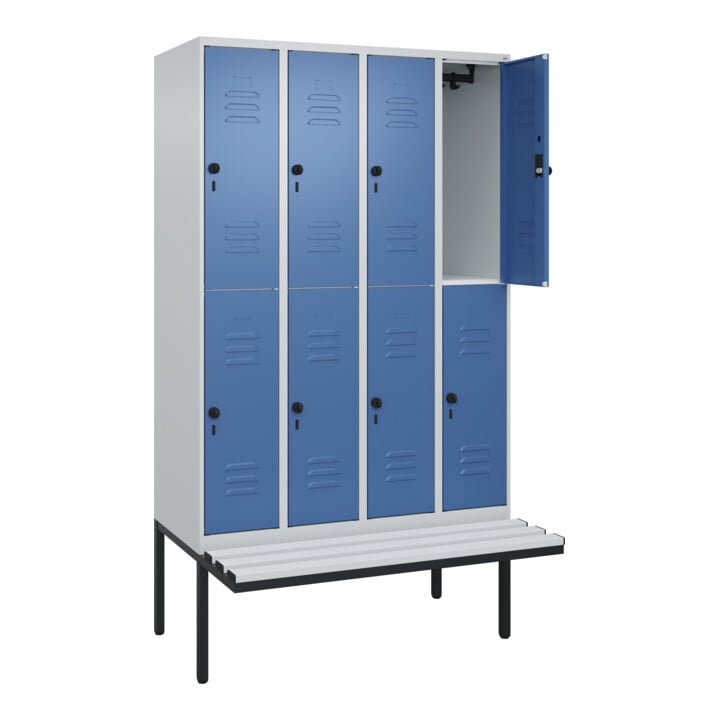 C+P Doppelstock-Spind Classic PLUS, Bank, 4 Abteile, 2120x1200x815mm, 7035/5023 Verschluss Sicherheits-Drehriegel Sitzbanktyp auskragend Material Sitzfläche Kunststoff