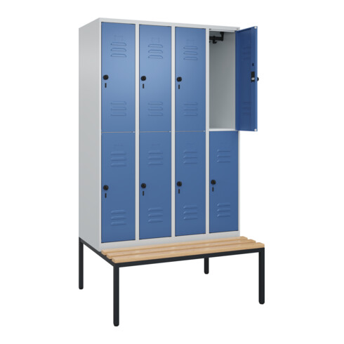 C+P Doppelstock-Spind Classic PLUS, Bank, 4 Abteile, 2120x1200x815mm, 7035/5023 Verschluss Sicherheits-Drehriegel Sitzbanktyp untergebaut Material Sitzfläche Buche-Hartholz