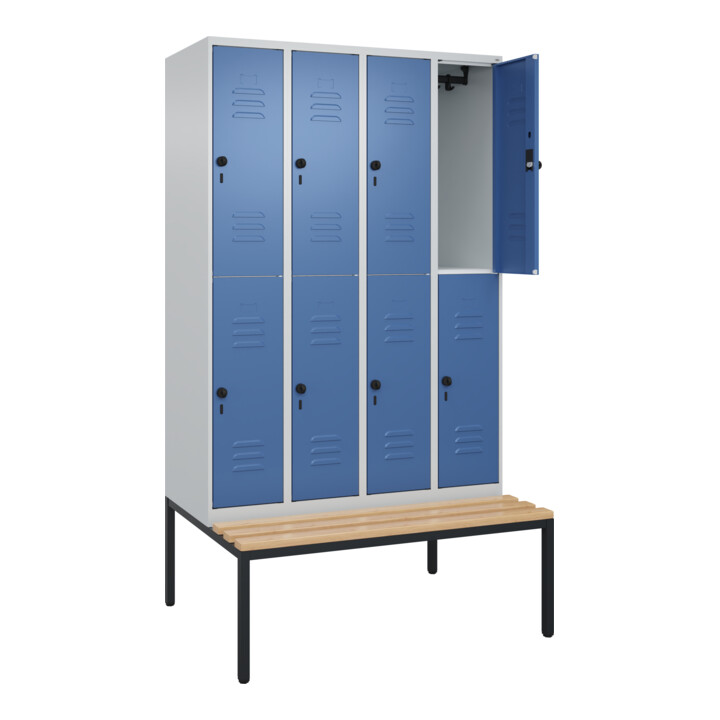 C+P Doppelstock-Spind Classic PLUS, Bank, 4 Abteile, 2120x1200x815mm, 7035/5023 Verschluss Sicherheits-Drehriegel Sitzbanktyp untergebaut Material Sitzfläche Buche-Hartholz