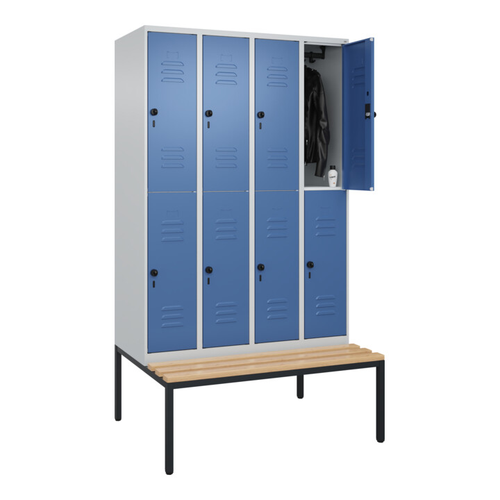 C+P Doppelstock-Spind Classic PLUS, Bank, 4 Abteile, 2120x1200x815mm, 7035/5023 Verschluss Sicherheits-Drehriegel Sitzbanktyp untergebaut Material Sitzfläche Buche-Hartholz