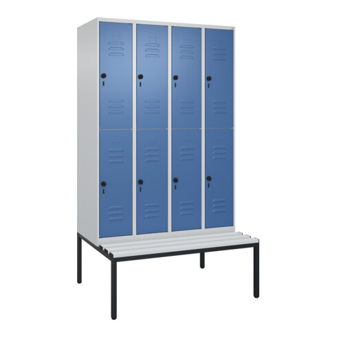 C+P Doppelstock-Spind Classic PLUS, Bank, 4 Abteile, 2120x1200x815mm, 7035/5023 Verschluss Sicherheits-Drehriegel Sitzbanktyp untergebaut Material Sitzfläche Kunststoff