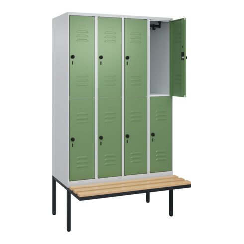 C+P Doppelstock-Spind Classic PLUS, Bank, 4 Abteile, 2120x1200x815mm, 7035/6011 Verschluss Sicherheits-Drehriegel Sitzbanktyp auskragend Material Sitzfläche Buche-Hartholz