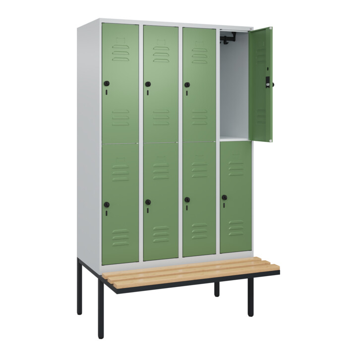 C+P Doppelstock-Spind Classic PLUS, Bank, 4 Abteile, 2120x1200x815mm, 7035/6011 Verschluss Sicherheits-Drehriegel Sitzbanktyp auskragend Material Sitzfläche Buche-Hartholz