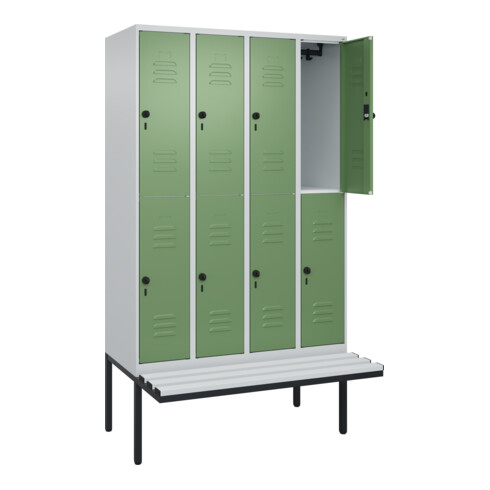 C+P Doppelstock-Spind Classic PLUS, Bank, 4 Abteile, 2120x1200x815mm, 7035/6011 Verschluss Sicherheits-Drehriegel Sitzbanktyp auskragend Material Sitzfläche Kunststoff