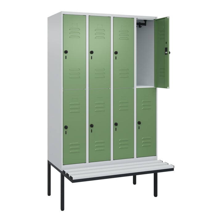 C+P Doppelstock-Spind Classic PLUS, Bank, 4 Abteile, 2120x1200x815mm, 7035/6011 Verschluss Sicherheits-Drehriegel Sitzbanktyp auskragend Material Sitzfläche Kunststoff