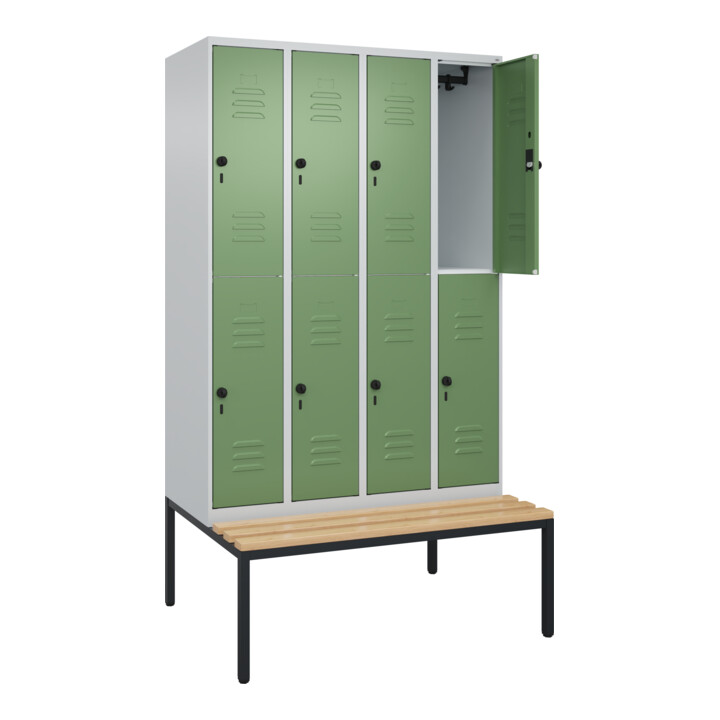 C+P Doppelstock-Spind Classic PLUS, Bank, 4 Abteile, 2120x1200x815mm, 7035/6011 Verschluss Sicherheits-Drehriegel Sitzbanktyp untergebaut Material Sitzfläche Buche-Hartholz