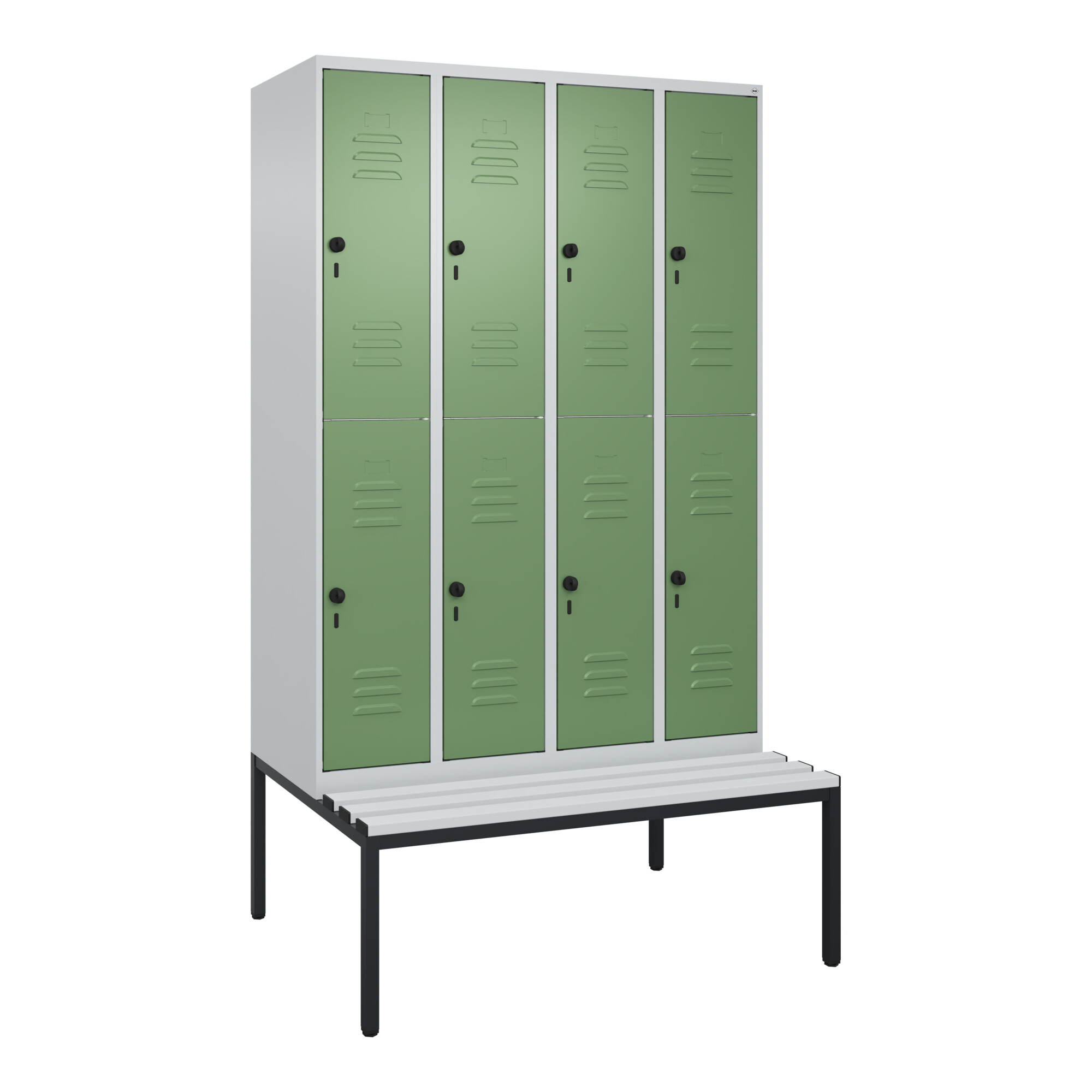 C+P Doppelstock-Spind Classic PLUS, Bank, 4 Abteile, 2120x1200x815mm, 7035/6011 Verschluss Sicherheits-Drehriegel Sitzbanktyp untergebaut Material Sit