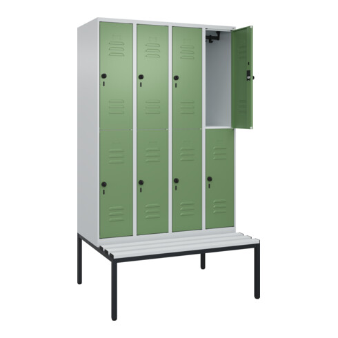 C+P Doppelstock-Spind Classic PLUS, Bank, 4 Abteile, 2120x1200x815mm, 7035/6011 Verschluss Sicherheits-Drehriegel Sitzbanktyp untergebaut Material Sitzfläche Kunststoff