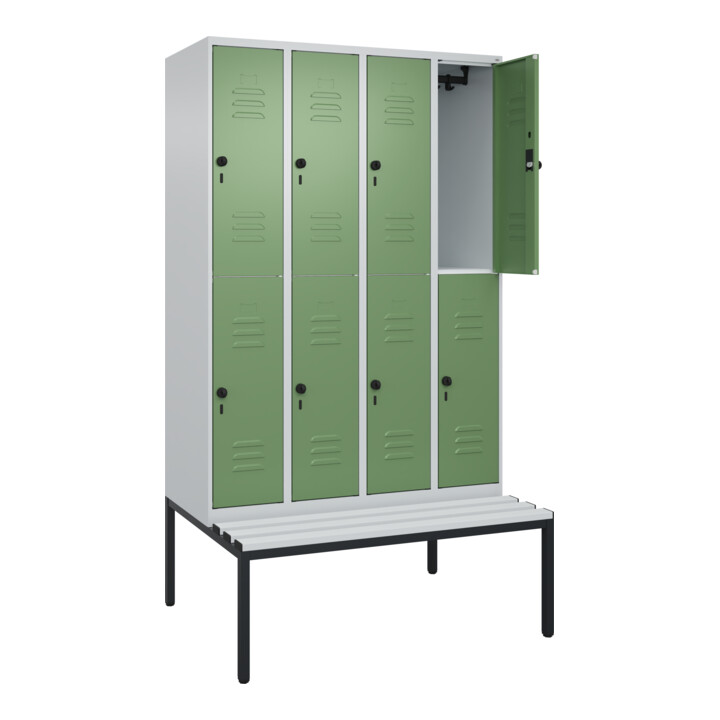 C+P Doppelstock-Spind Classic PLUS, Bank, 4 Abteile, 2120x1200x815mm, 7035/6011 Verschluss Sicherheits-Drehriegel Sitzbanktyp untergebaut Material Sitzfläche Kunststoff